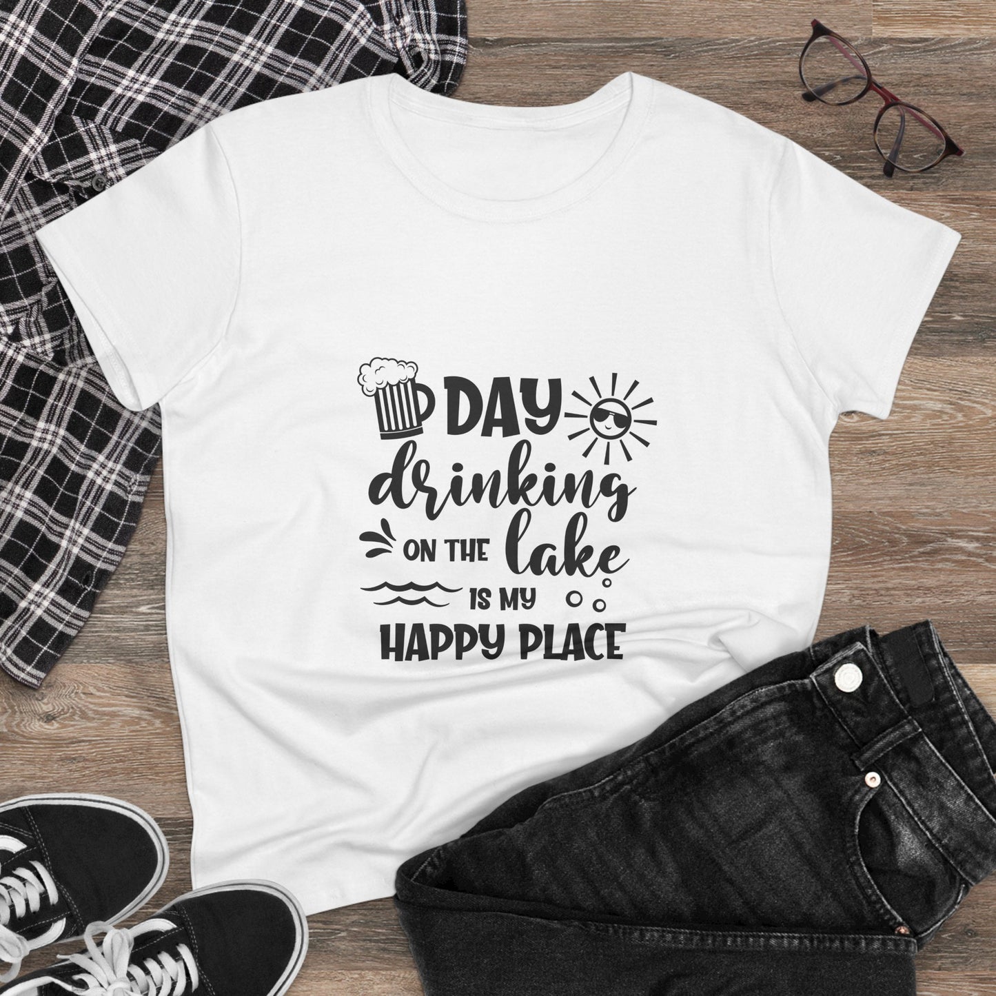 Day Drinking on the Lake Women's Cotton Tee - Happy Place Shirt