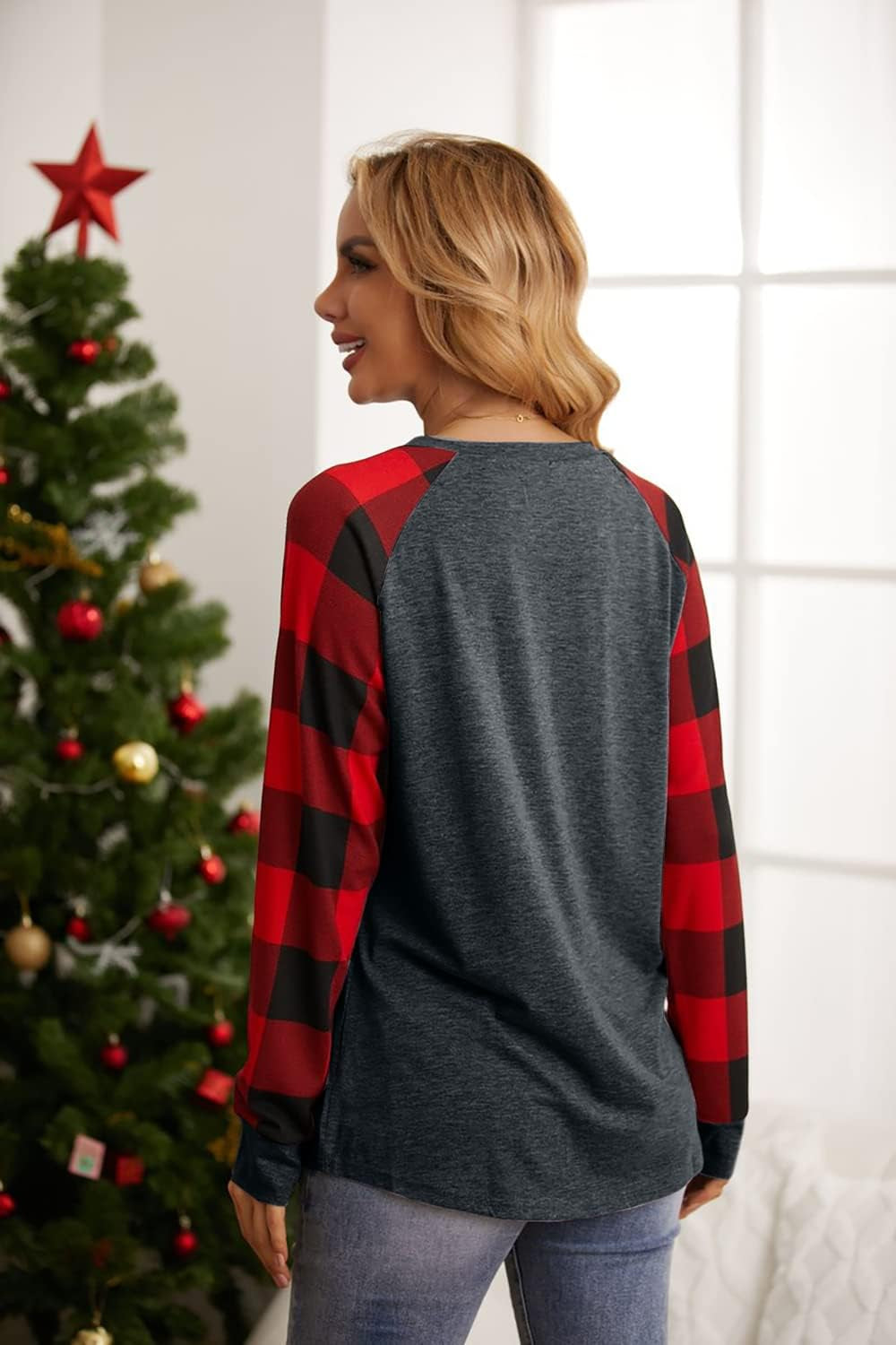 Christmas Shirt Women Gnomes T-Shirt Plaid Splicing Raglan Long Sleeve Tee Christmas Holiday Tops