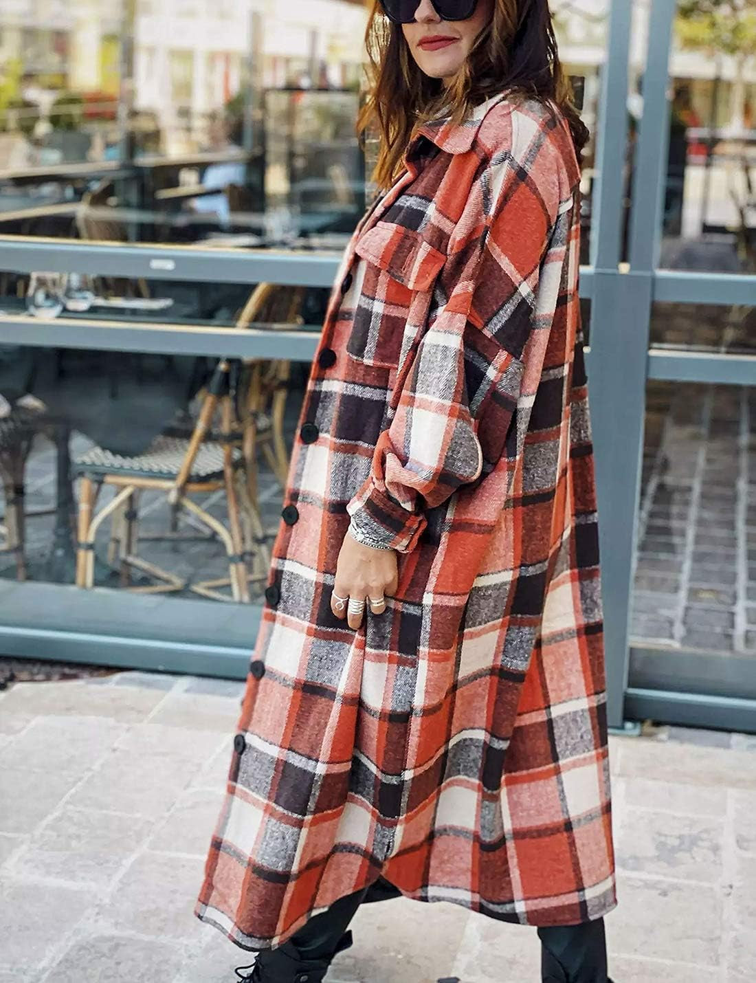 Women'S Lounge Lapel Button up Long Sleeve Plaid Long Shirt Jacket Shacket